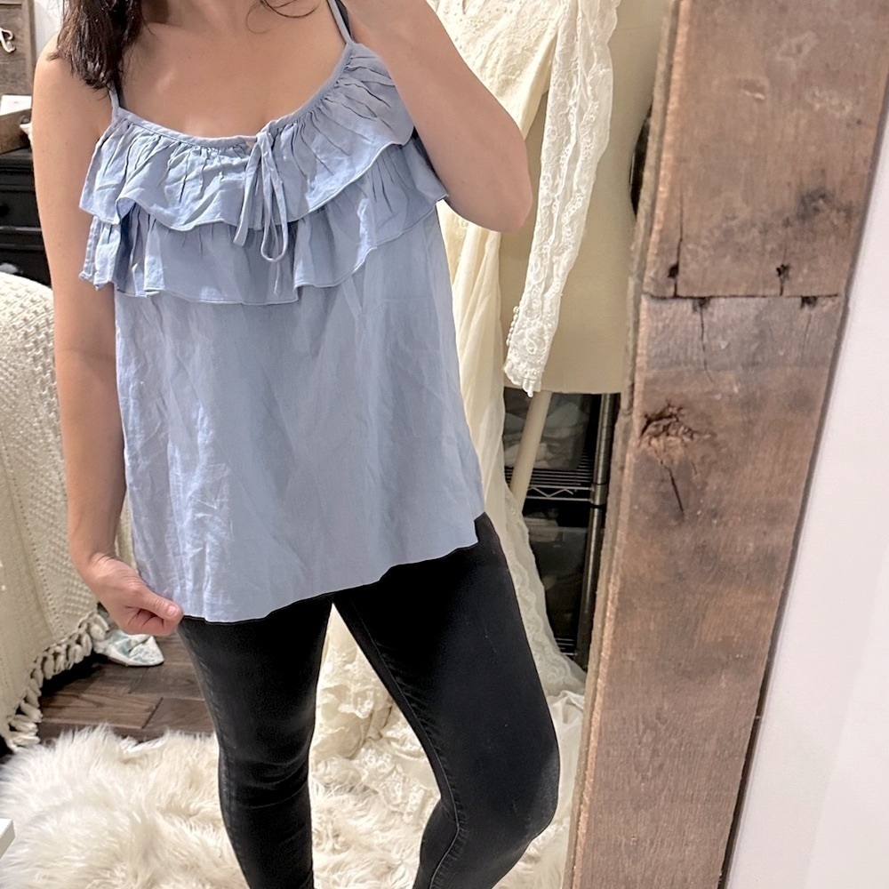 Ann Taylor LOFT Light Blue Ruffled top linen cotton blend fabric size XLarge